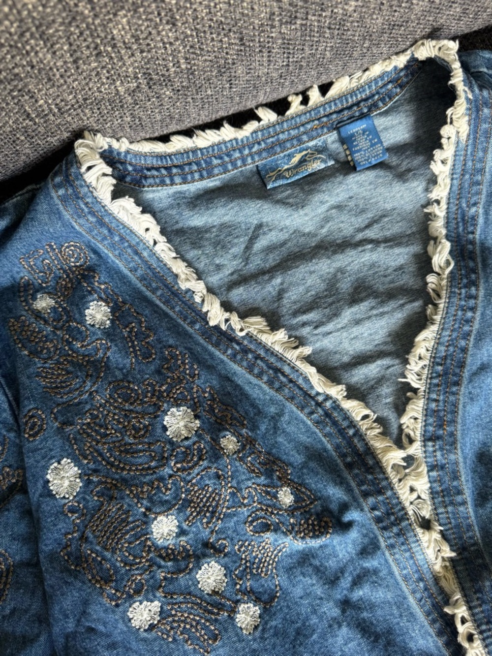 Embroidered Denim Fringe Open-Front Wrangler Blazer - Picture 2 of 4